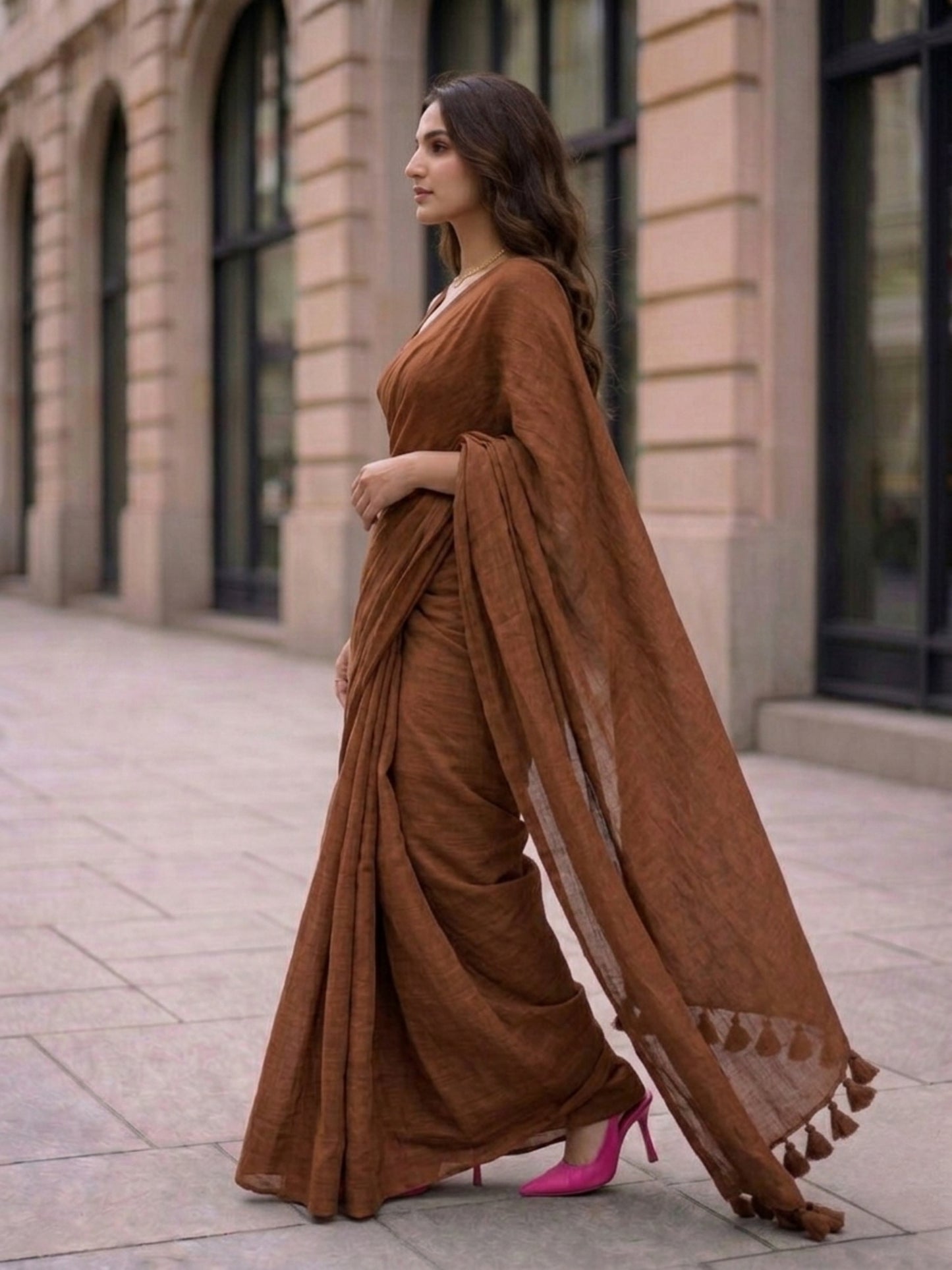 Cocoa - Plain Brown Modal Cotton Saree