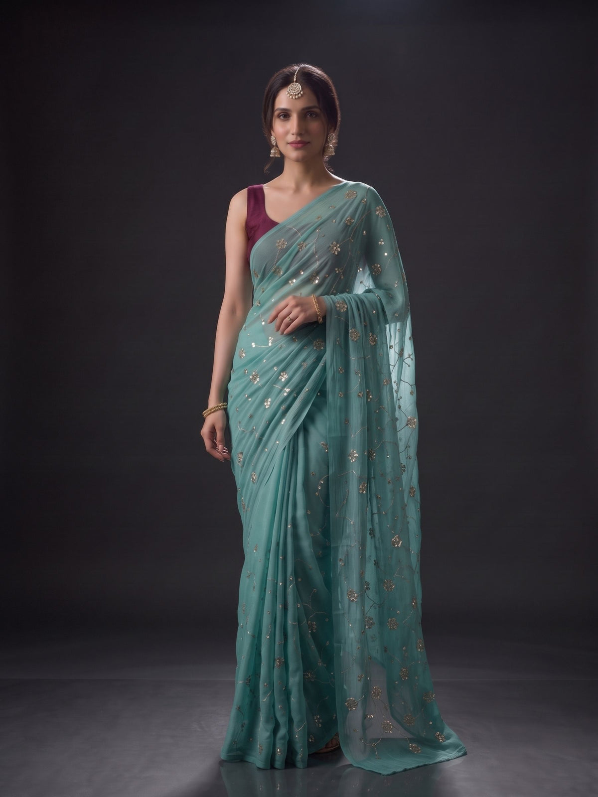 Muse - Blue Sequin Chiffon Partywear Saree