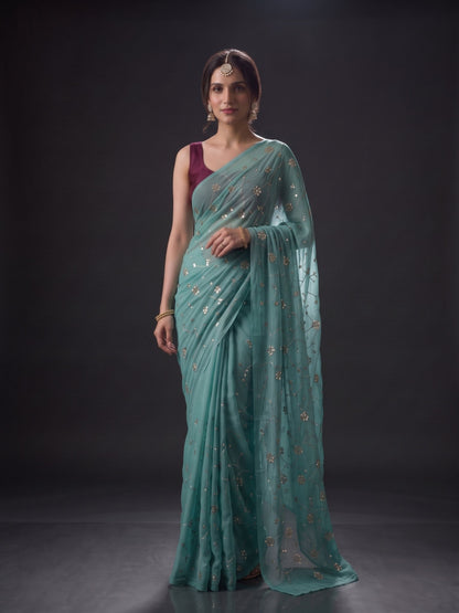 Muse - Blue Sequin Chiffon Partywear Saree