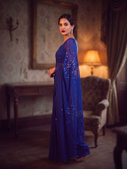 City of Stars - Royal Blue Sequin Pure Chiffon Partywear Saree