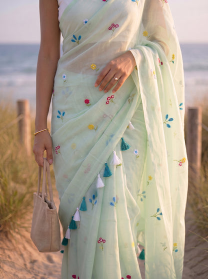 Gardenalia Mint - Embroidered Mulmul Cotton Saree