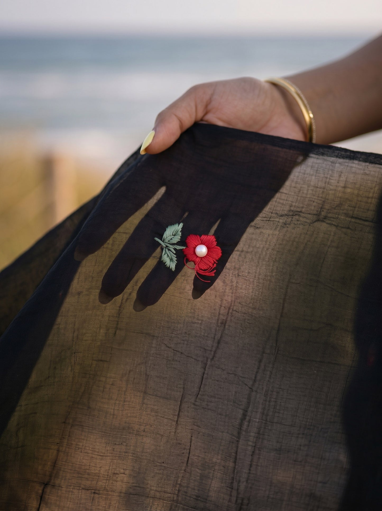 Periwinkle - Handembroidered Black Mulmul Cotton Saree