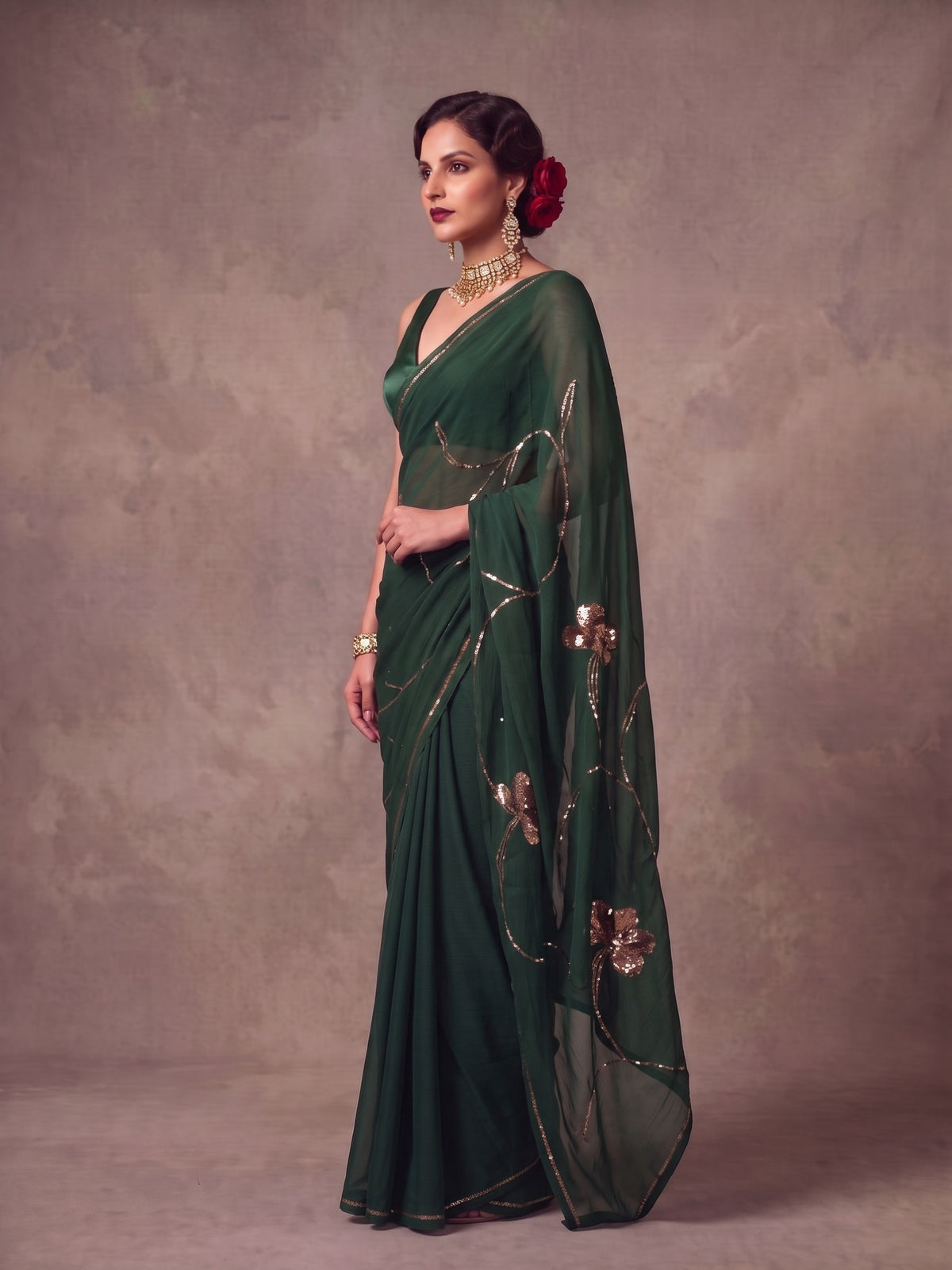 Emerald - Green Gold Sequin Pure Chiffon Partywear Saree