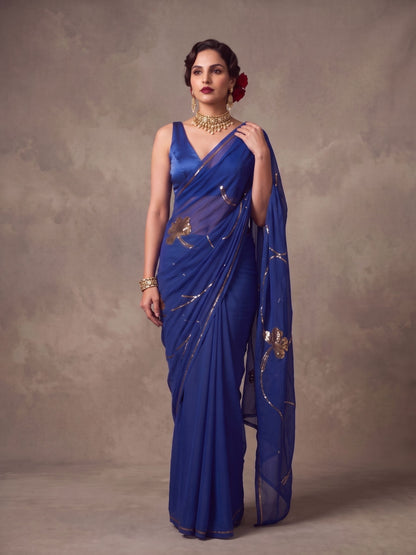 Sapphire - Royal Blue Gold Sequin Pure Chiffon Partywear Saree