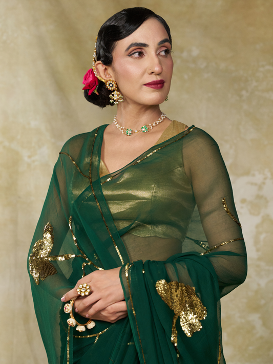 Emerald - Green Gold Sequin Pure Chiffon Partywear Saree