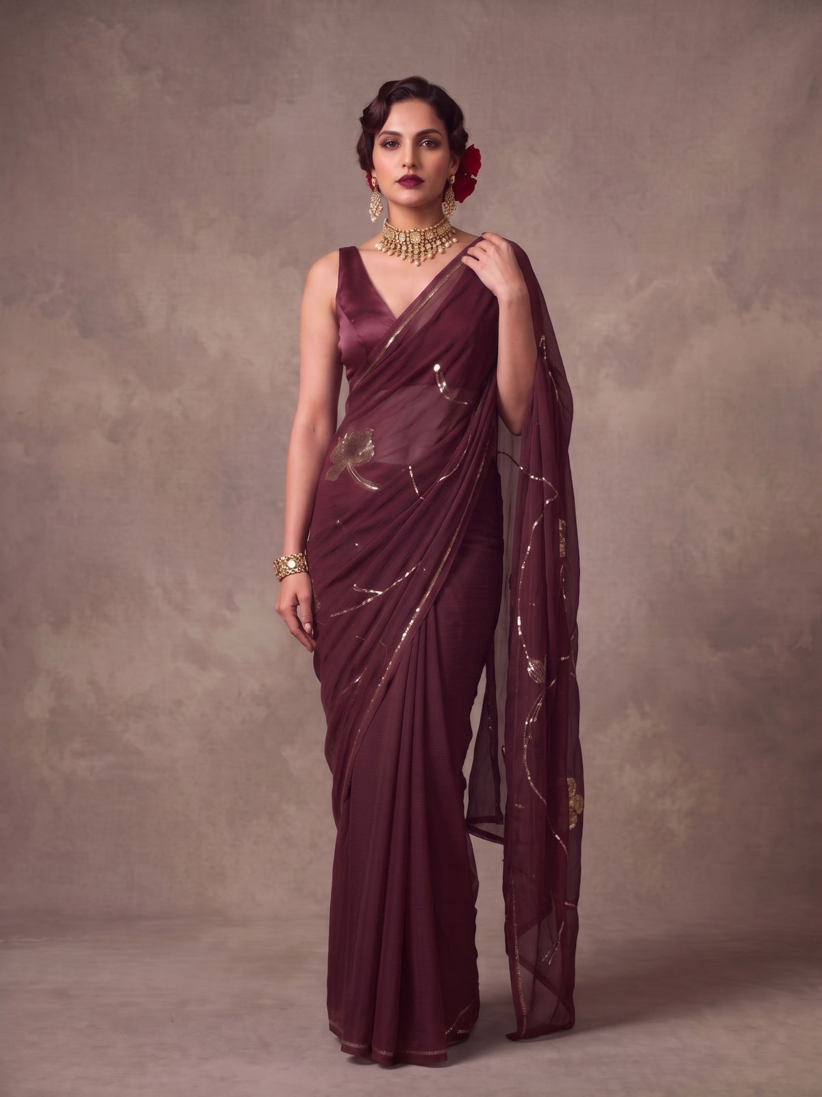 Midas - Resin Gold Sequin Pure Chiffon Partywear Saree