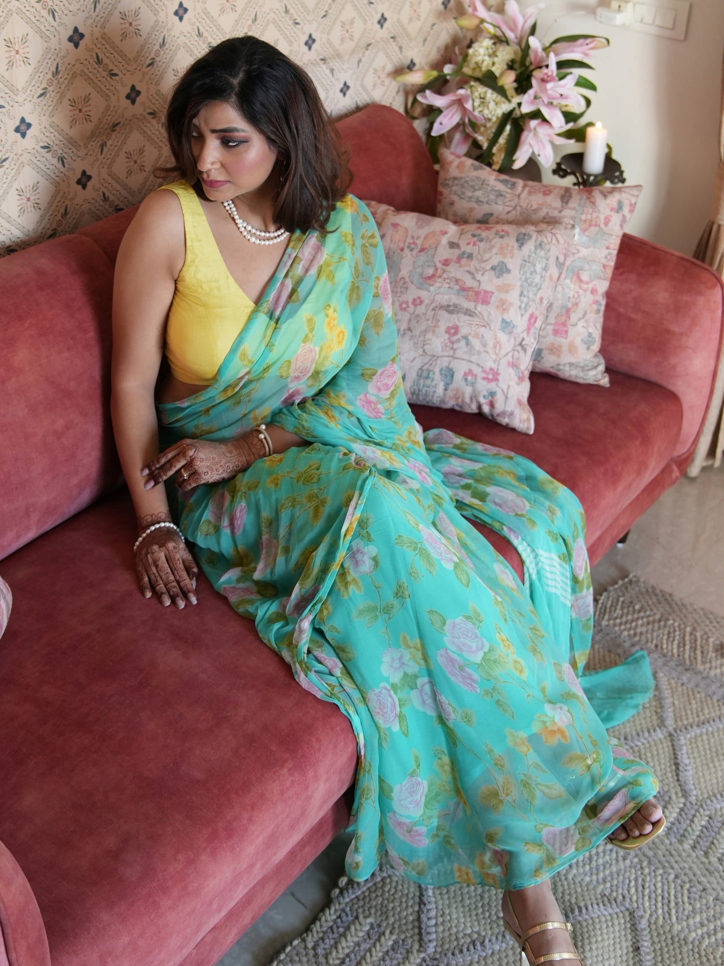 Selene - Turquoise Blue Floral Print Pure Chiffon Saree