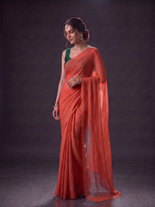 Encore - Coral Mukaish Work Chiffon Partywear Saree