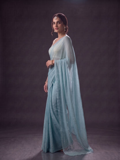 Curtain Call - Blue Mukaish Work Chiffon Partywear Saree