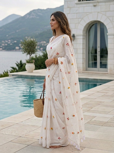 Gardenalia White - Embroidered Mulmul Cotton Saree