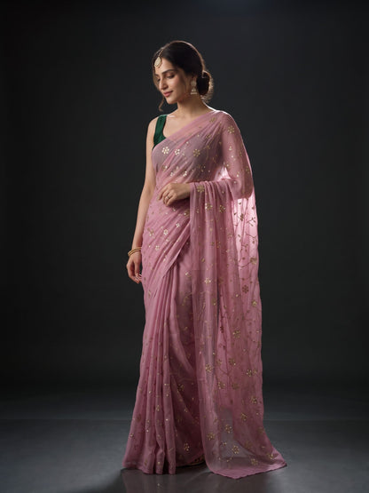 Socialite - Old Rose Sequin Chiffon Partywear Saree