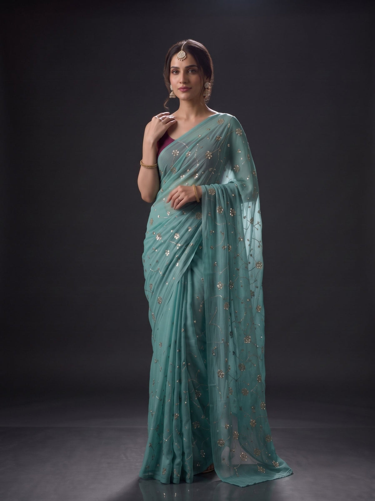 Muse - Blue Sequin Chiffon Partywear Saree