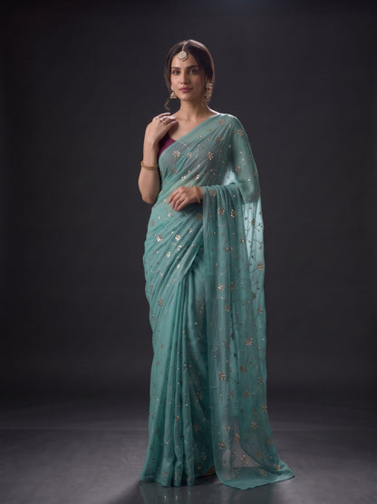 Muse - Blue Sequin Chiffon Partywear Saree