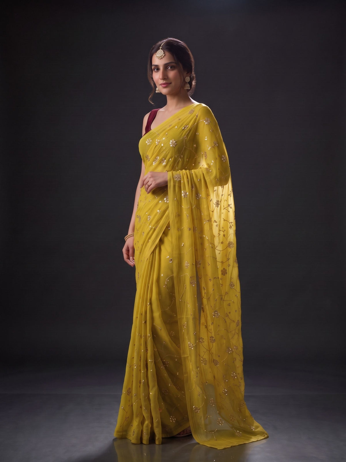 Rendezvous - Yellow Sequin Chiffon Partywear Saree