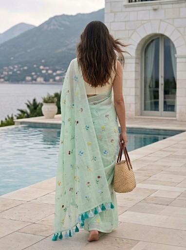 Gardenalia Mint - Embroidered Mulmul Cotton Saree