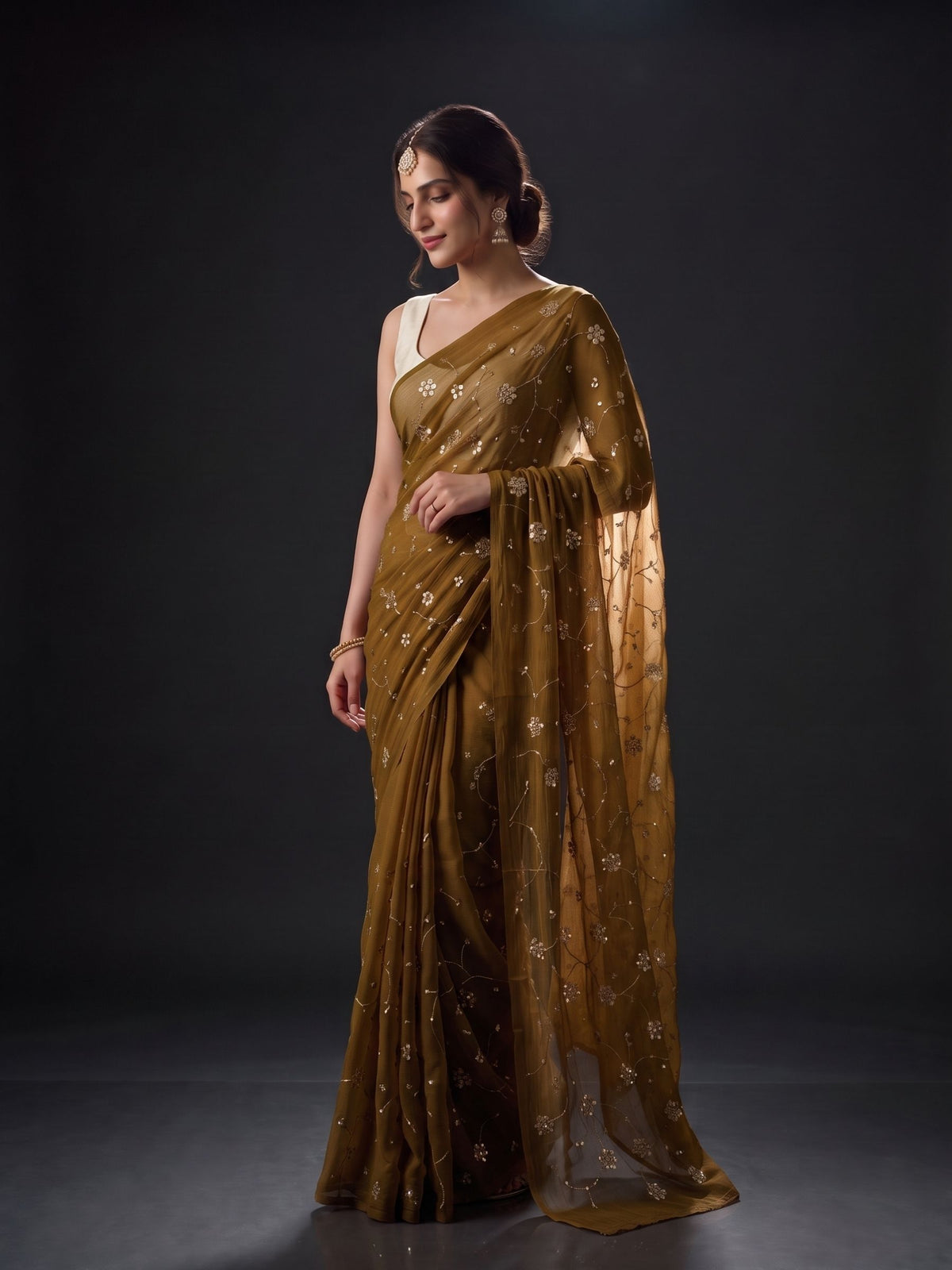 Enigma - Dark Olive Green Sequin Chiffon Partywear Saree