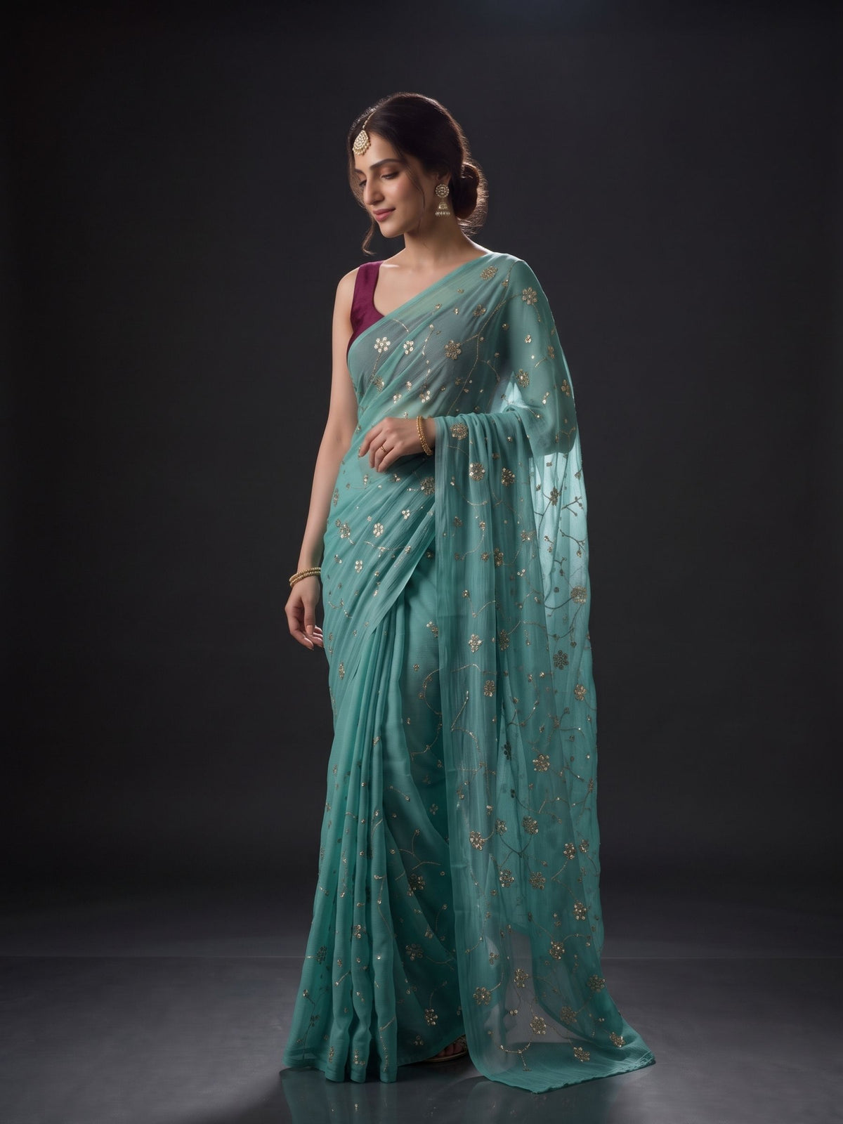 Muse - Blue Sequin Chiffon Partywear Saree
