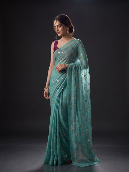 Muse - Blue Sequin Chiffon Partywear Saree
