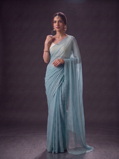 Curtain Call - Blue Mukaish Work Chiffon Partywear Saree