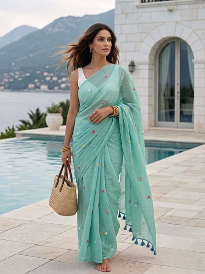 Gardenalia Aqua - Embroidered Mulmul Cotton Saree