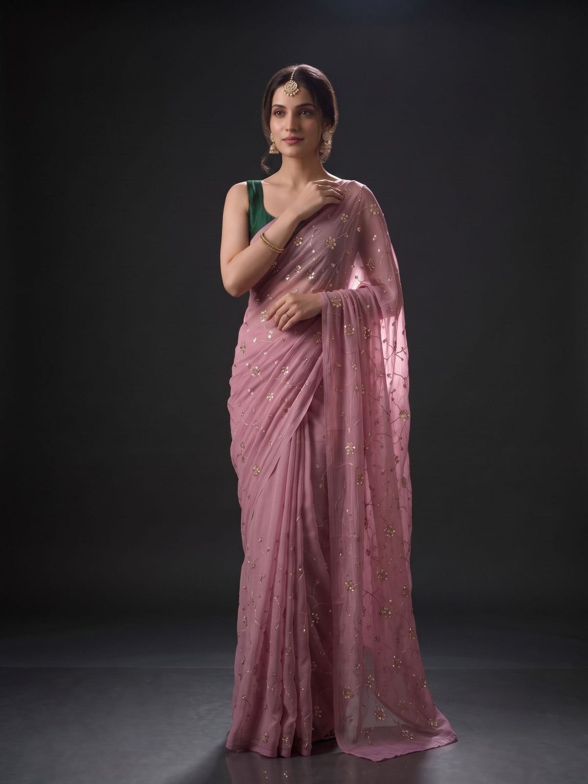 Socialite - Old Rose Sequin Chiffon Partywear Saree