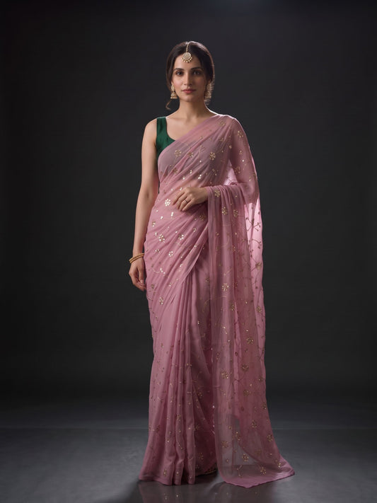 Socialite - Old Rose Sequin Chiffon Partywear Saree