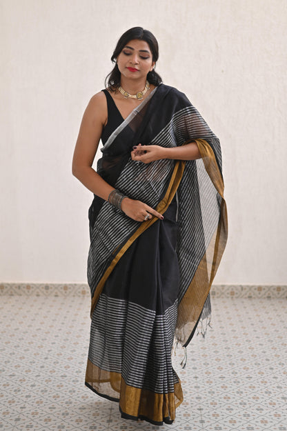 Gilded Black Mul Tissue Saree