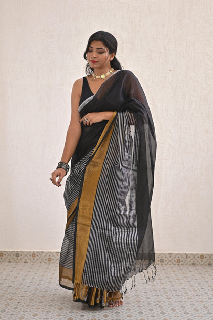 Gilded Black Mul Tissue Saree