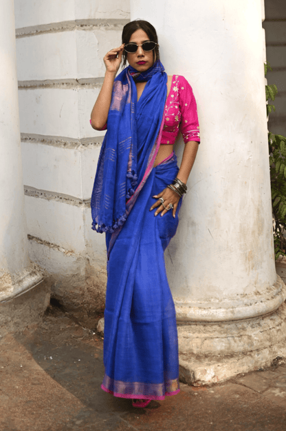 Deep Blue Handloom Linen Saree