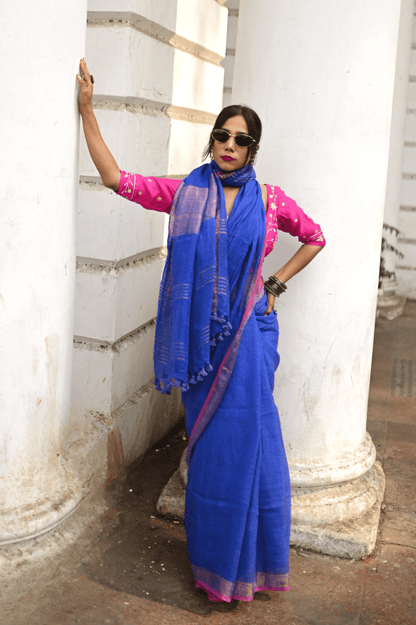Deep Blue Handloom Linen Saree
