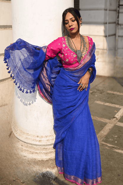 Deep Blue Handloom Linen Saree