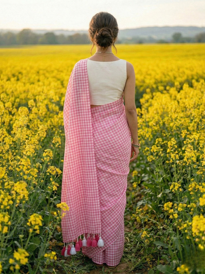 Blush Orchard - Soft Pink Gingham Mulmul Cotton Saree