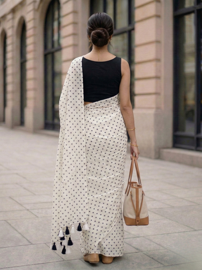 Moonlit Pearl - White Polka Dot Modal Cotton Saree
