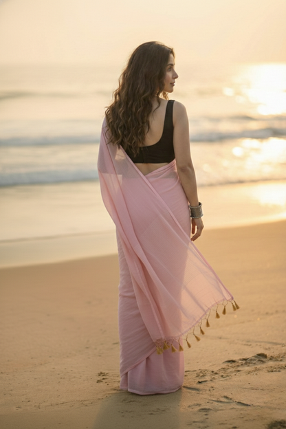 Tea Rose - Plain Pink Mul Cotton Saree
