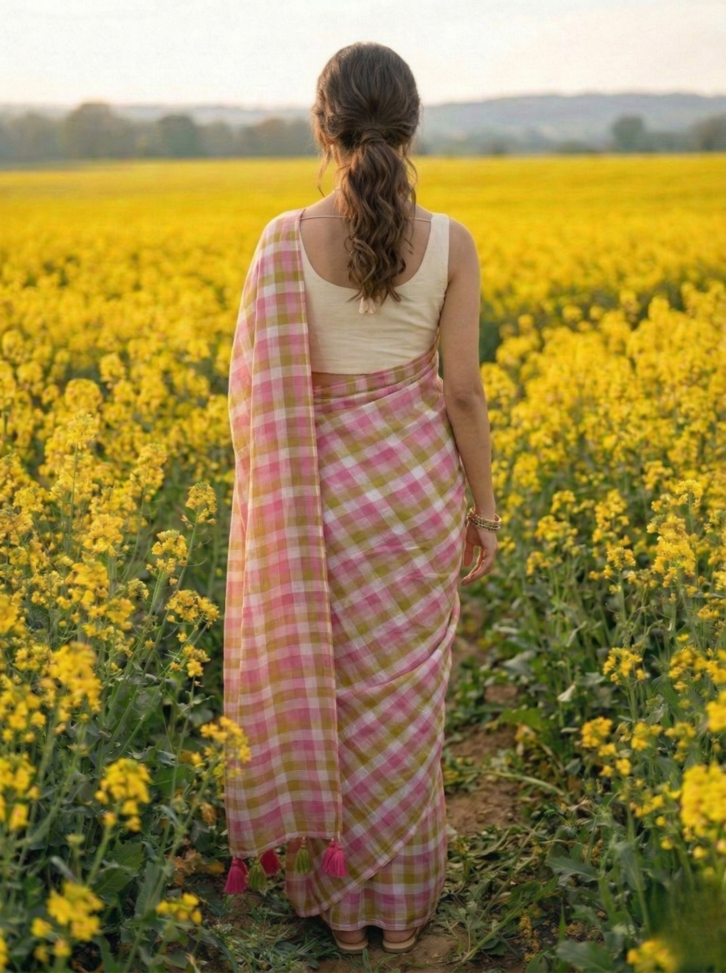 Morning Dew - Pink Lime Gingham Mulmul Cotton Saree