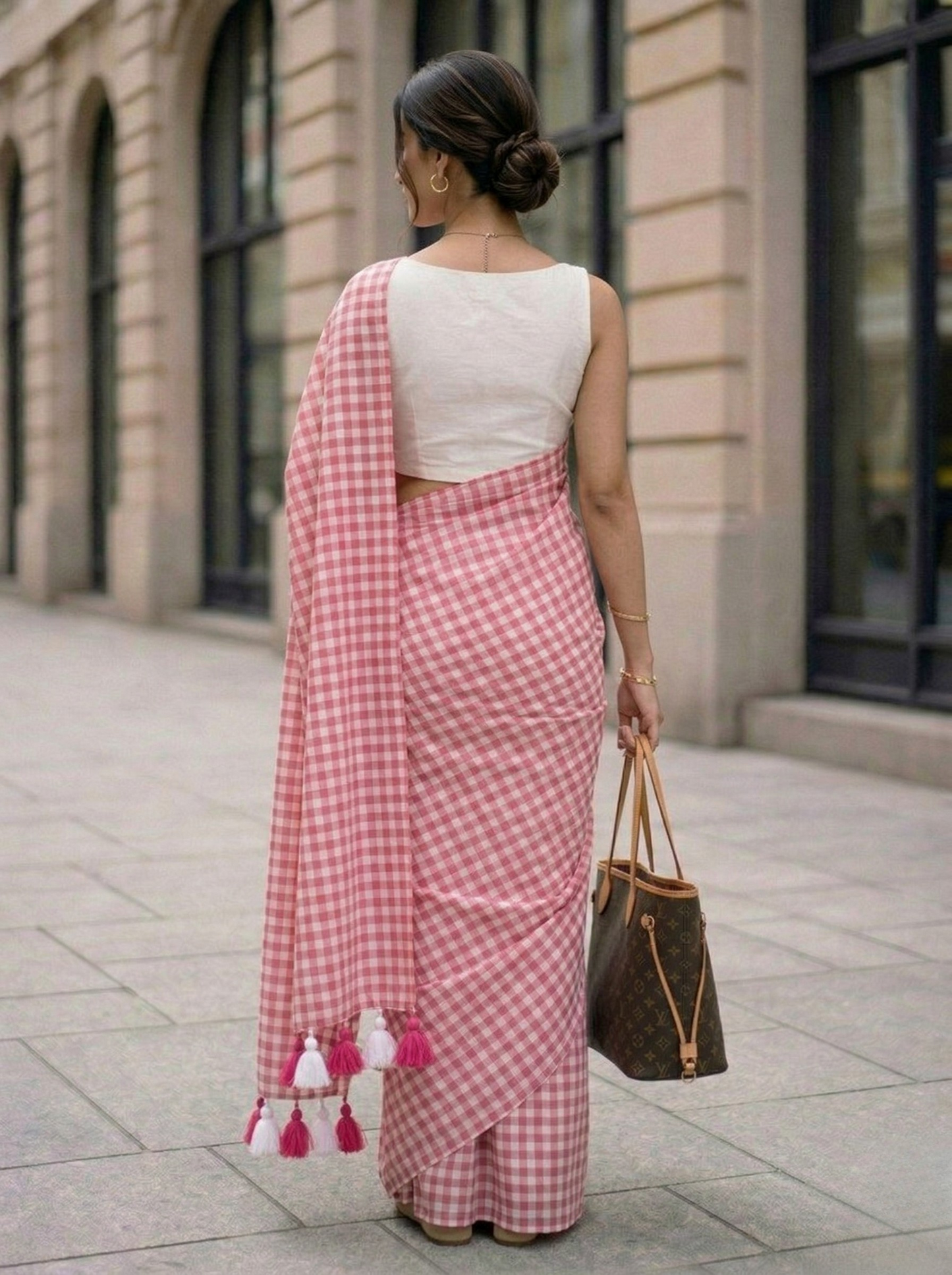 Poppy Seed - Red Gingham Mulmul Cotton Saree