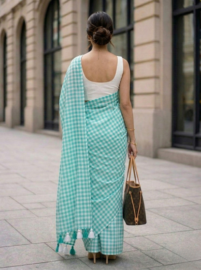 Cloudless Sky - Aqua Gingham Mulmul Cotton Saree