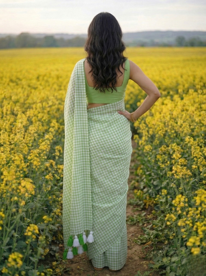 Spring Fern - Pastel Green Gingham Mulmul Cotton Saree