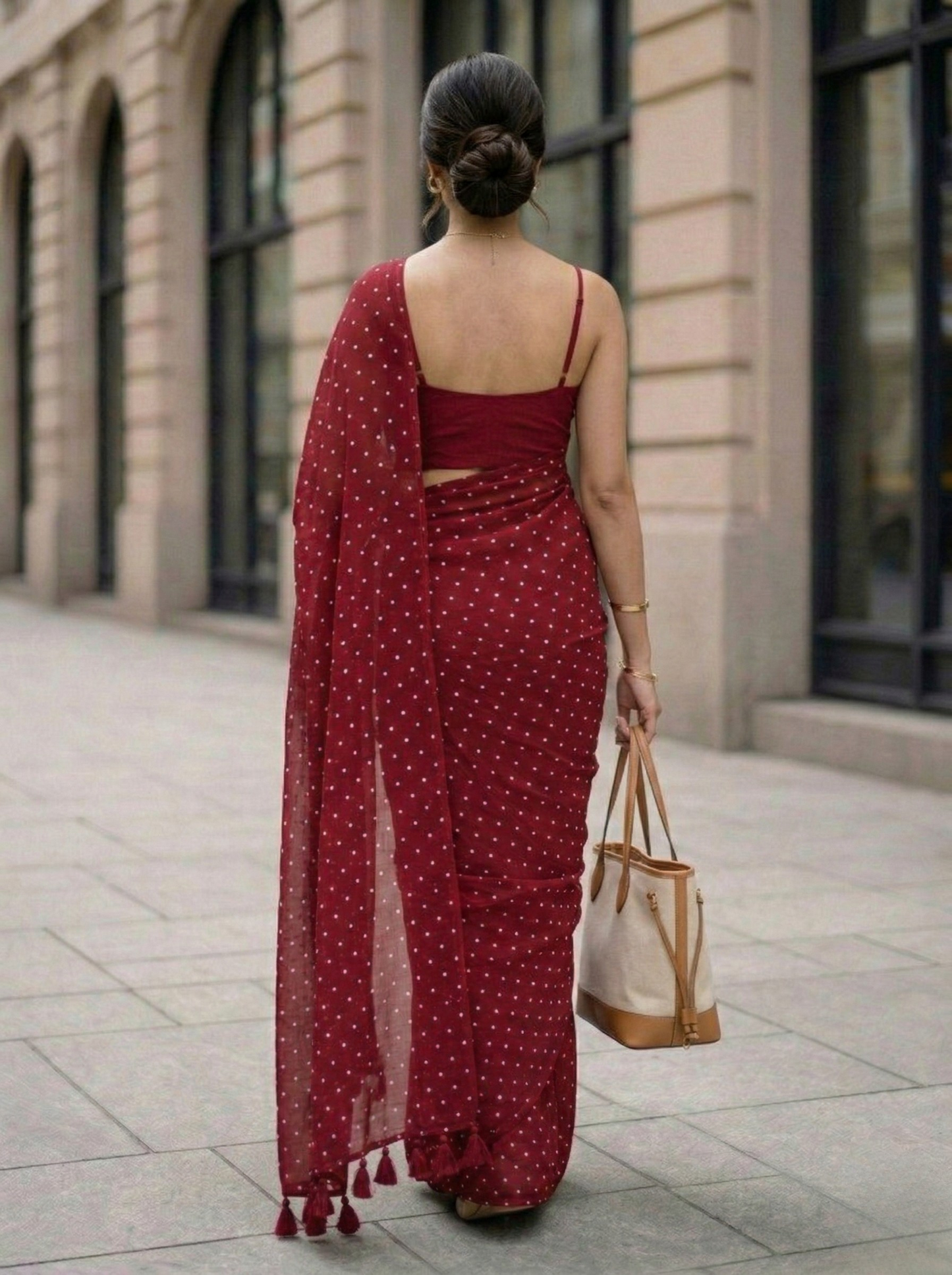 Regal Pin Drop - Maroon Polka Dot Modal Cotton Saree