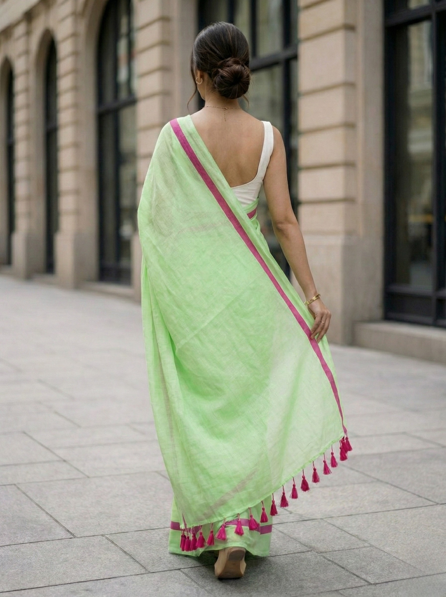 The Minimalist - Green Mulmul Cotton Saree with Pink Border