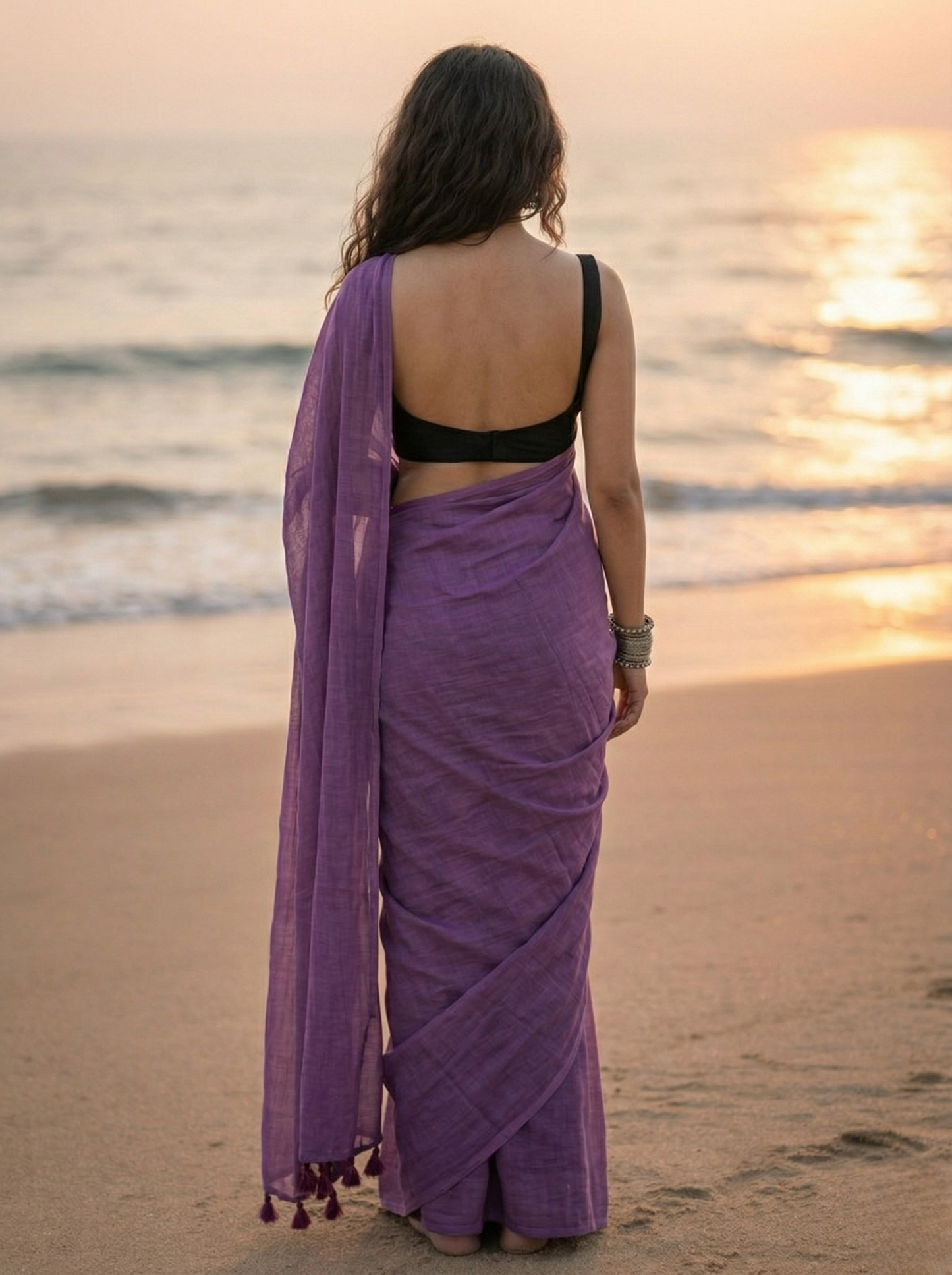 Twilight Bloom - Plain Deep Violet Mul Cotton Saree