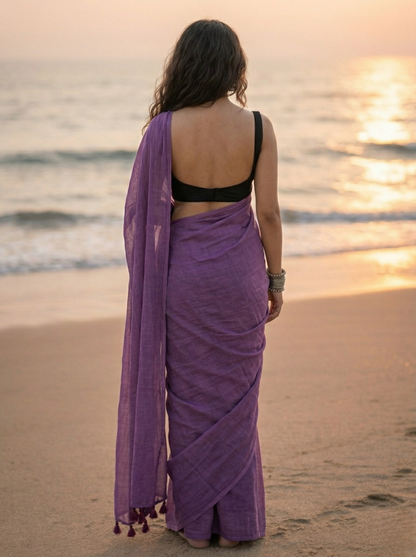 Twilight Bloom - Plain Deep Violet Mul Cotton Saree