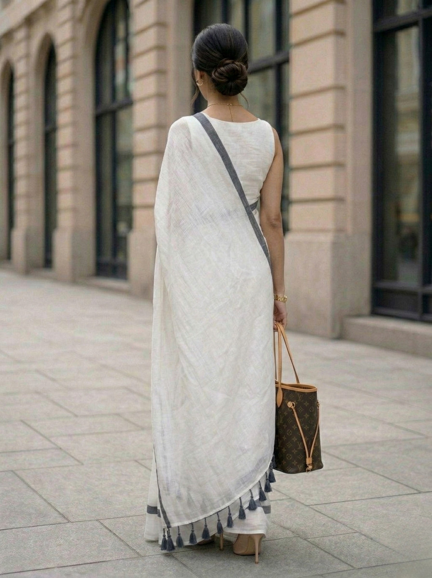 Muneer - White Mulmul Cotton Saree with Black Border