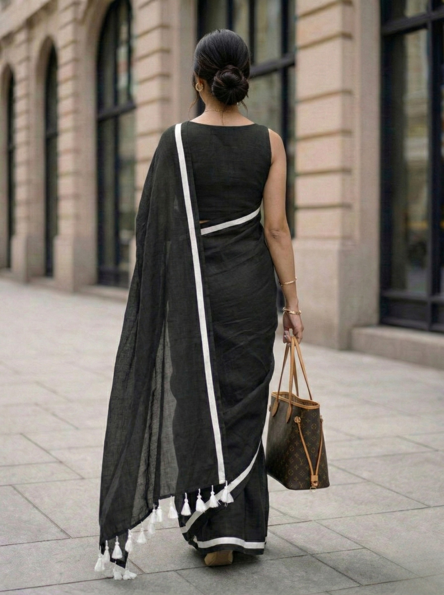 Wabi Sabi - Black Mulmul Cotton Saree with White Border