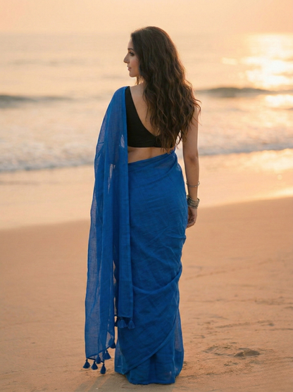 Cobalt Crumble - Plain Blue Mul Cotton Saree