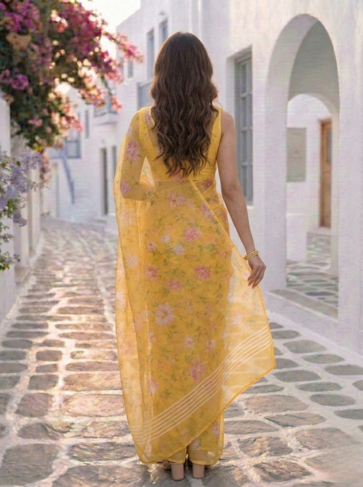 Liora - Yellow Floral Print Pure Chiffon Saree