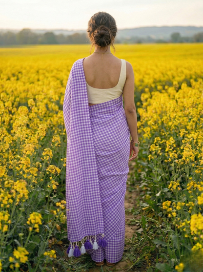 Wisteria Lane - Purple Gingham Mulmul Cotton Saree