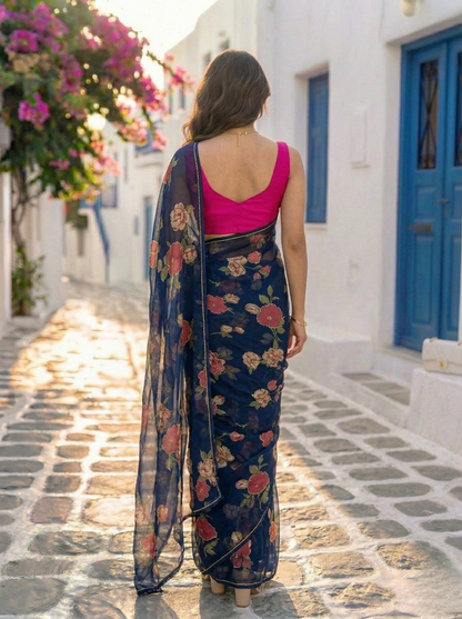 Vintage Blue - Floral Printed & Embroidered Chiffon Saree