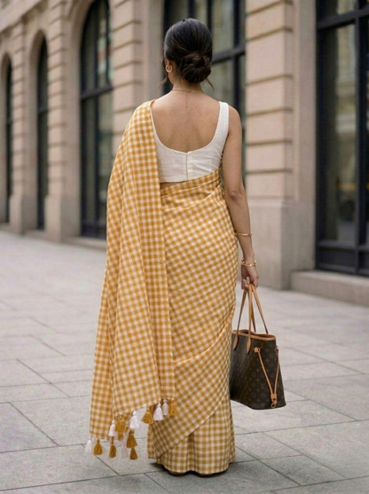 Harvest Sun - Mustard Yellow Gingham Mulmul Cotton Saree