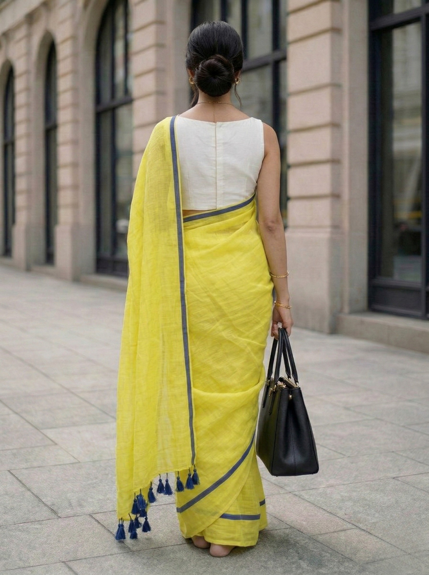 Butter Yellow - Mulmul Cotton Saree with Blue Border